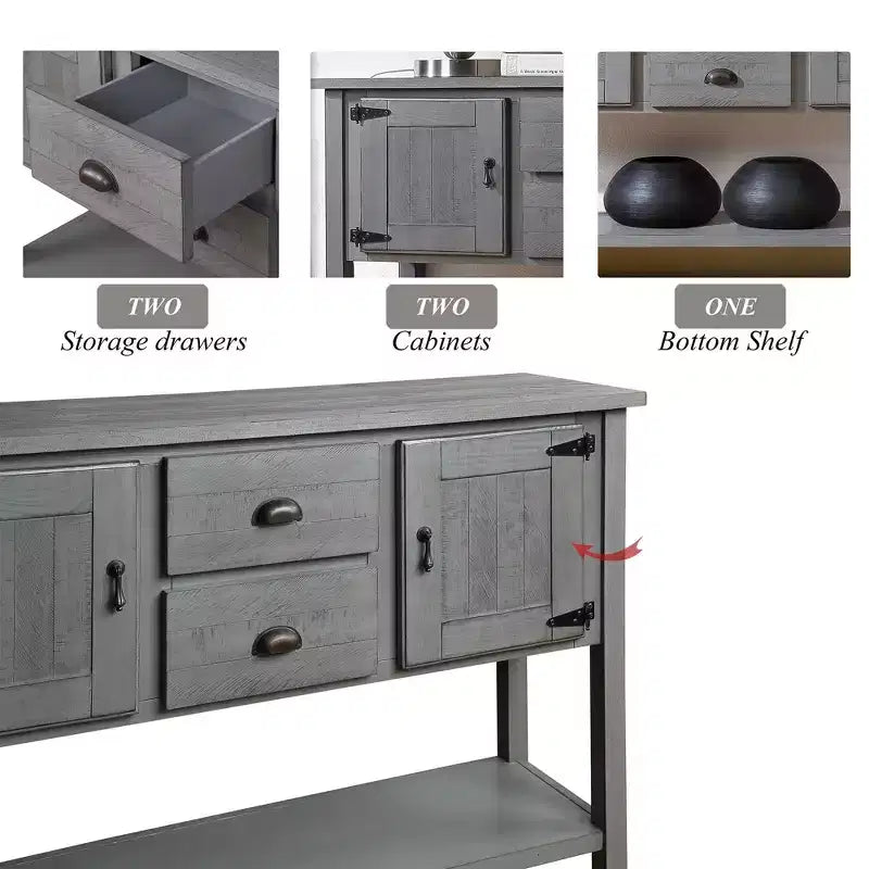 Consolle Grigia Stile Rustico, 2 Cassetti e Ante, Legno Massello, 122cm L x 84cm H, 1 Pezzo