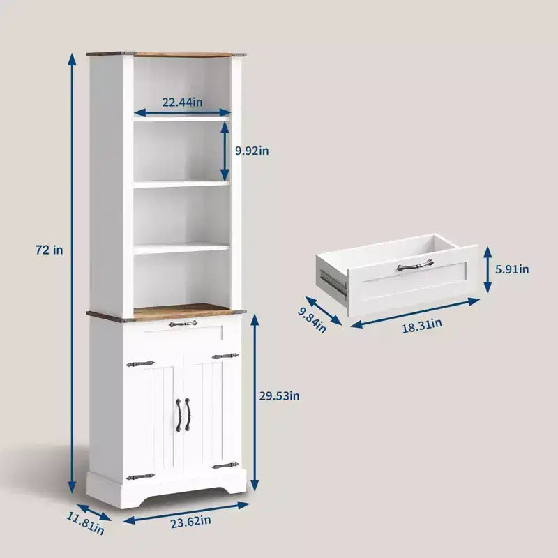 Libreria a sportello scorrevole stile rustico bianco con mobiletto e cassetto, 4 ripiani, per utente singolo