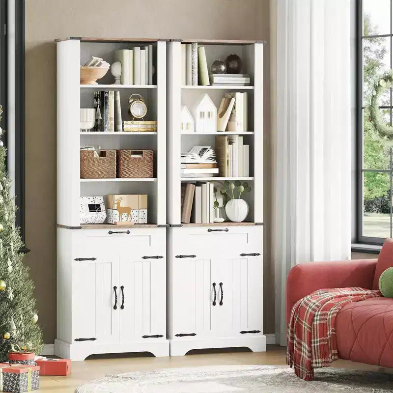 Libreria a sportello scorrevole stile rustico bianco con mobiletto e cassetto, 4 ripiani, per utente singolo