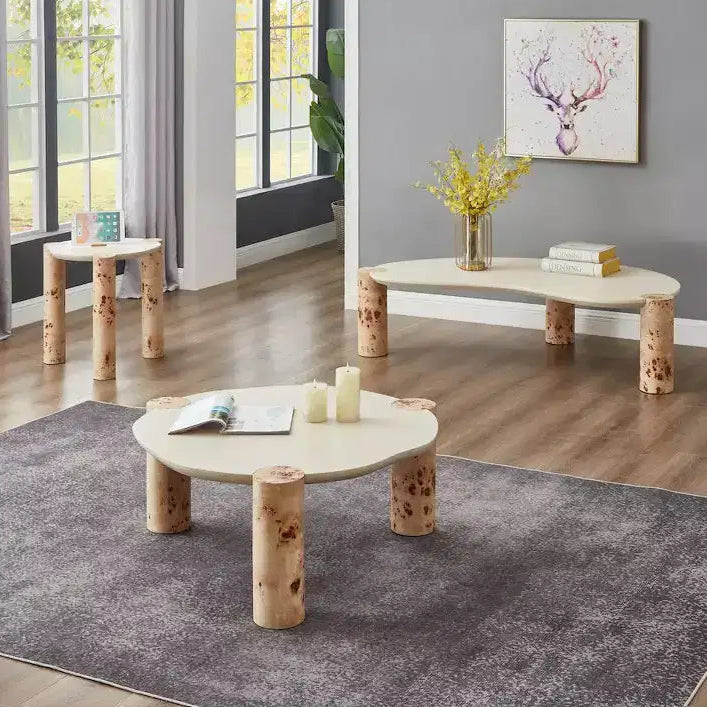 Tavolino rotondo impiallacciato in radica marrone/beige, 1 pezzo