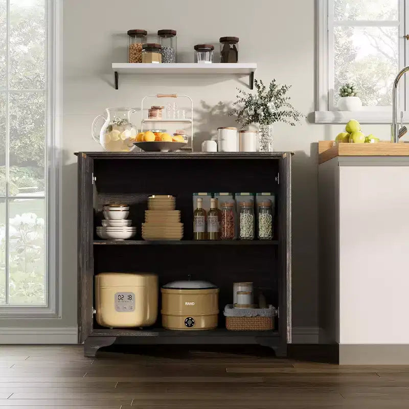 Mobiletto contenitore a 2 ante nero/rovere/bianco con porta scorrevole a grana, credenza da 80 cm per cucina e sala da pranzo