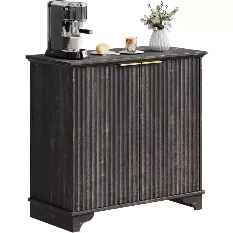 Mobiletto contenitore a 2 ante nero/rovere/bianco con porta scorrevole a grana, credenza da 80 cm per cucina e sala da pranzo