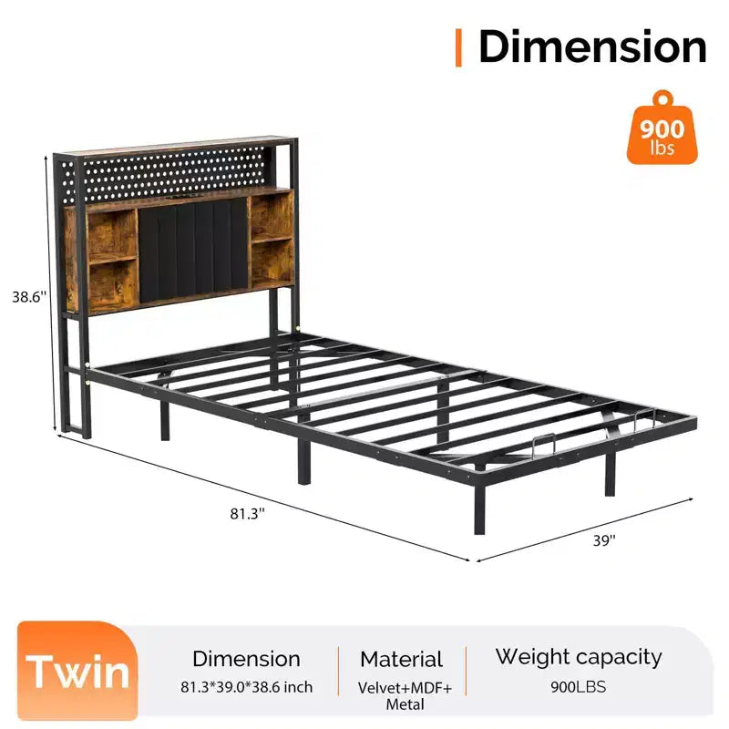 Letto a piattaforma in metallo nero flottante con luci LED e testiera contenitore, singolo/una piazza e mezza