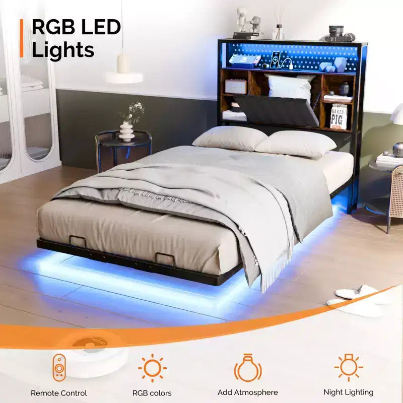 Letto a piattaforma in metallo nero flottante con luci LED e testiera contenitore, singolo/una piazza e mezza