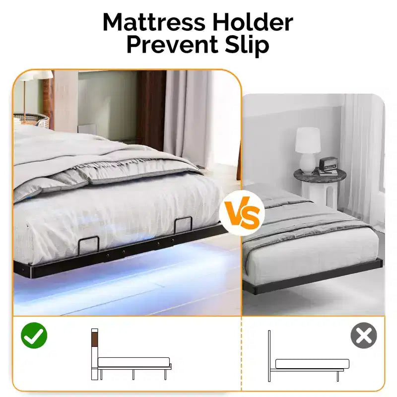 Letto a piattaforma in metallo nero flottante con luci LED e testiera contenitore, singolo/una piazza e mezza