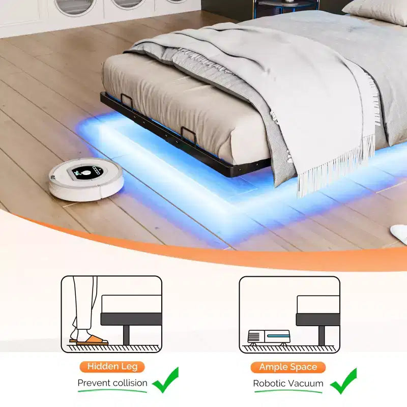 Letto a piattaforma in metallo nero flottante con luci LED e testiera contenitore, singolo/una piazza e mezza