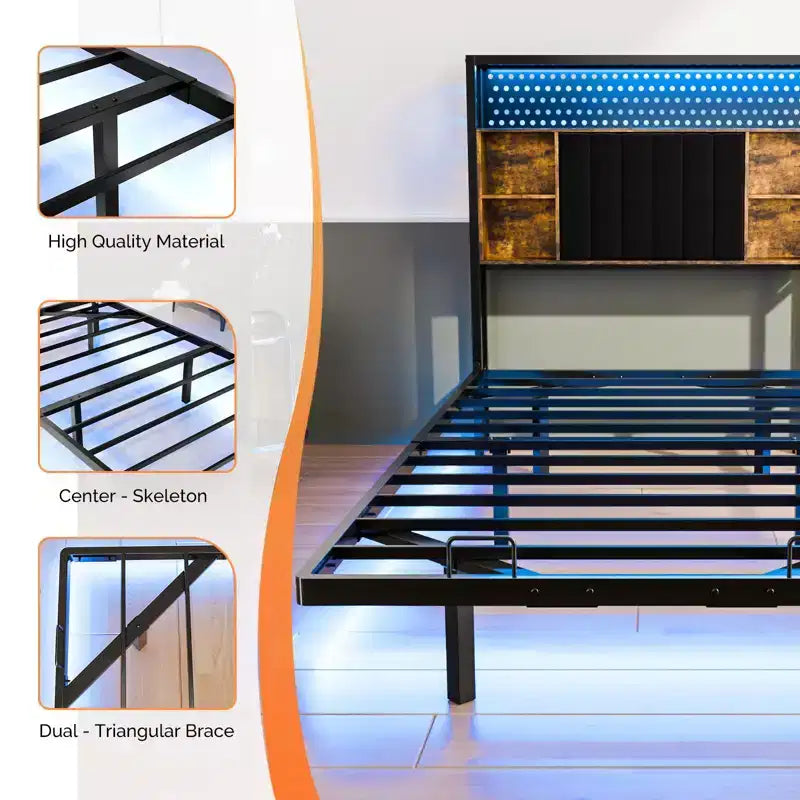 Letto a piattaforma in metallo nero flottante con luci LED e testiera contenitore, singolo/una piazza e mezza