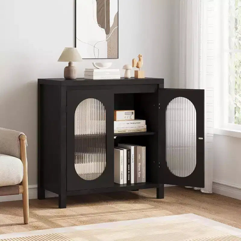 Credenza a 2 ante in vetro scanalato nero