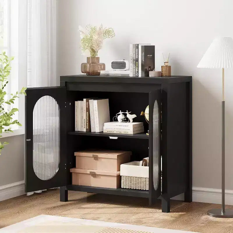 Credenza a 2 ante in vetro scanalato nero