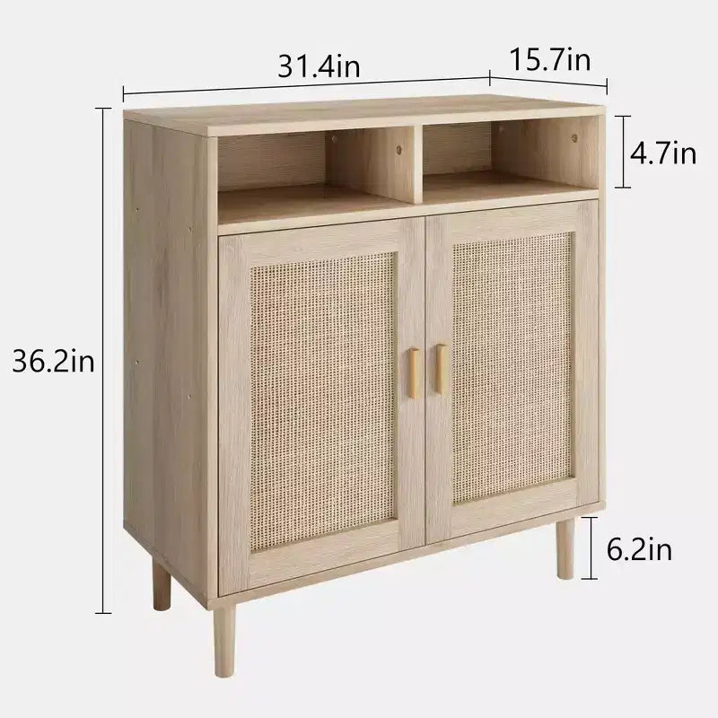 Credenza a 2 ante con ripiani a giorno, in rovere naturale e rattan, per 1-2 persone