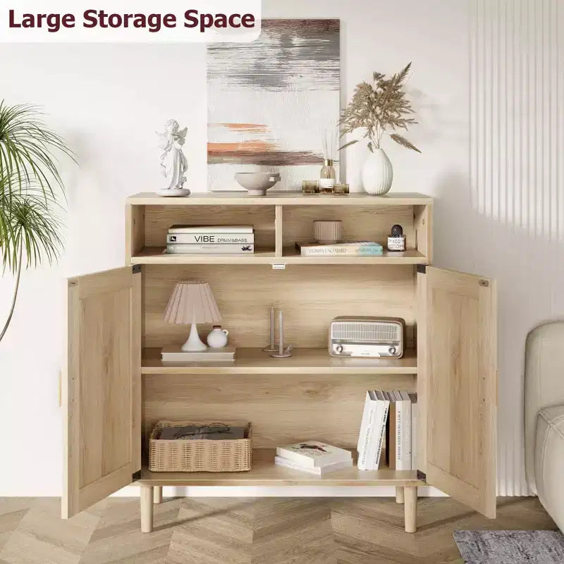 Credenza a 2 ante con ripiani a giorno, in rovere naturale e rattan, per 1-2 persone