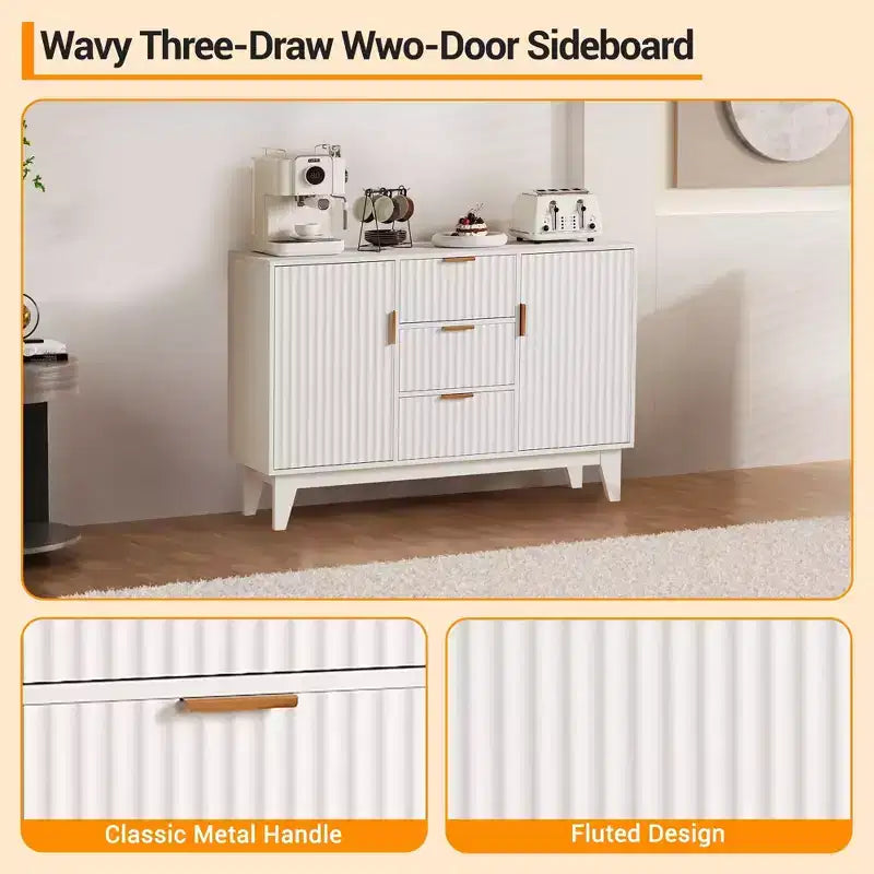 Mobile credenza scanalato bianco/marrone con 3 cassetti e 2 ante, montaggio da 1 persona