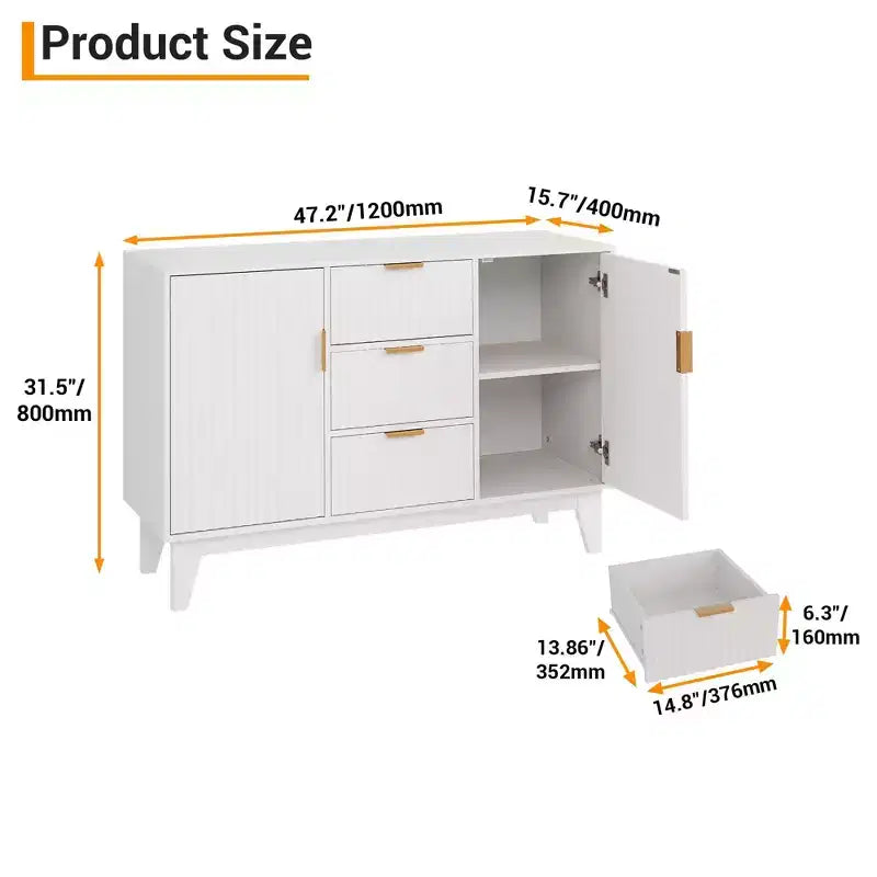 Mobile credenza scanalato bianco/marrone con 3 cassetti e 2 ante, montaggio da 1 persona
