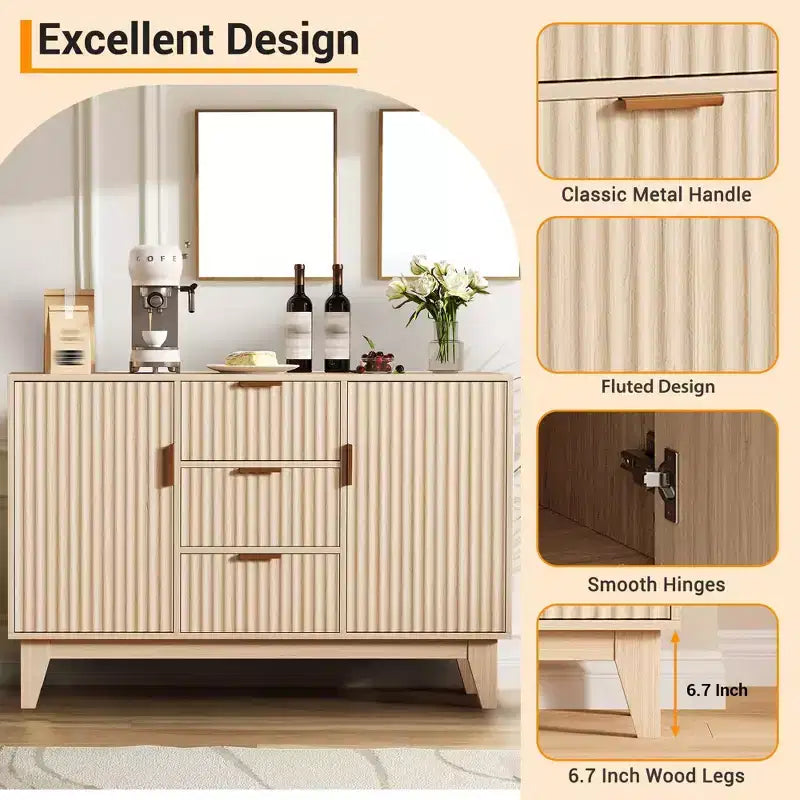 Mobile credenza scanalato bianco/marrone con 3 cassetti e 2 ante, montaggio da 1 persona