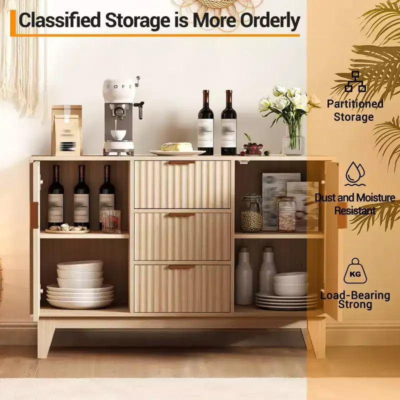 Mobile credenza scanalato bianco/marrone con 3 cassetti e 2 ante, montaggio da 1 persona
