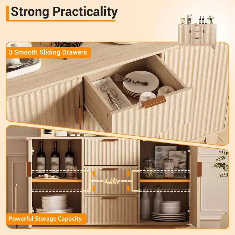 Mobile credenza scanalato bianco/marrone con 3 cassetti e 2 ante, montaggio da 1 persona