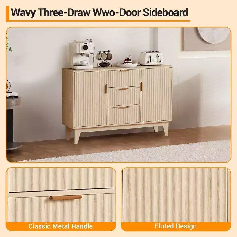 Mobile credenza scanalato bianco/marrone con 3 cassetti e 2 ante, montaggio da 1 persona