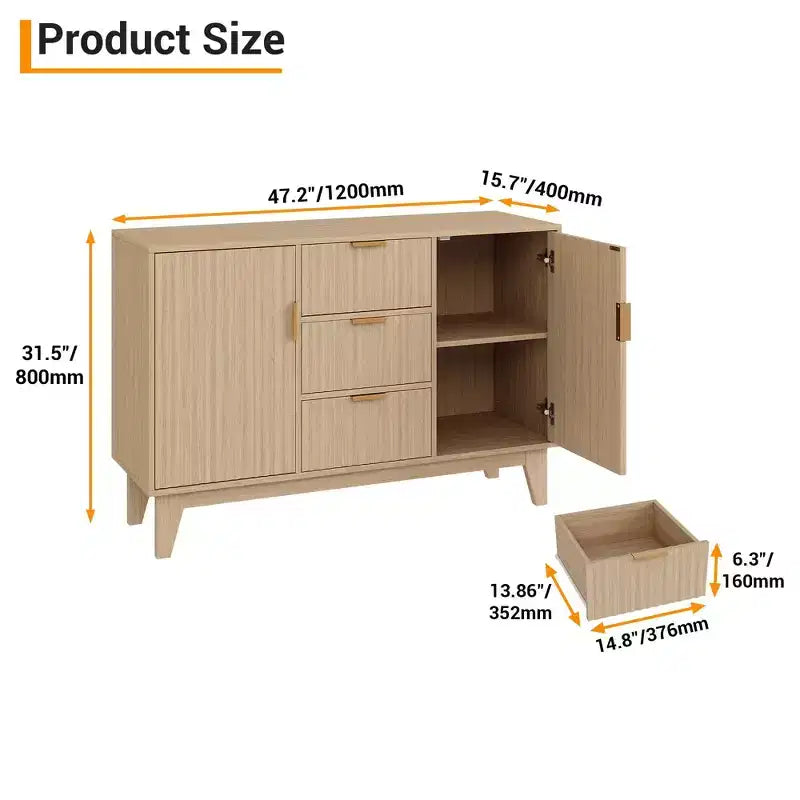 Mobile credenza scanalato bianco/marrone con 3 cassetti e 2 ante, montaggio da 1 persona