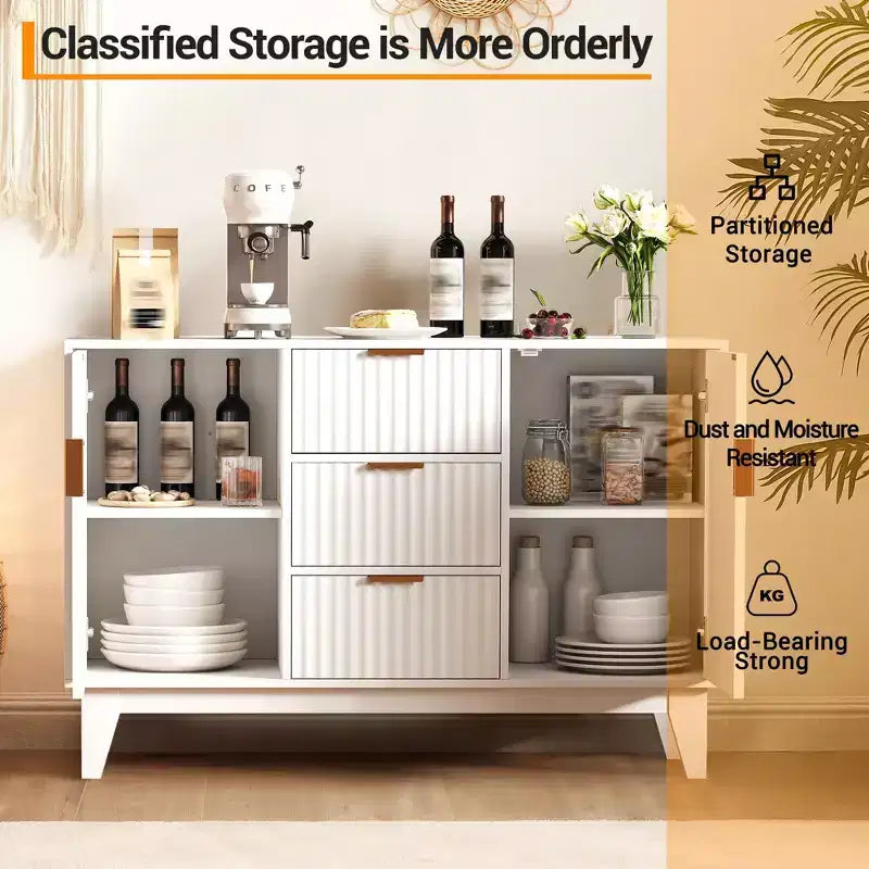 Mobile credenza scanalato bianco/marrone con 3 cassetti e 2 ante, montaggio da 1 persona