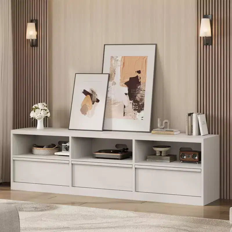 Mobile porta TV da 70", stile moderno di metà secolo, cassetto e ripiani aperti, adatto a TV fino a 80"