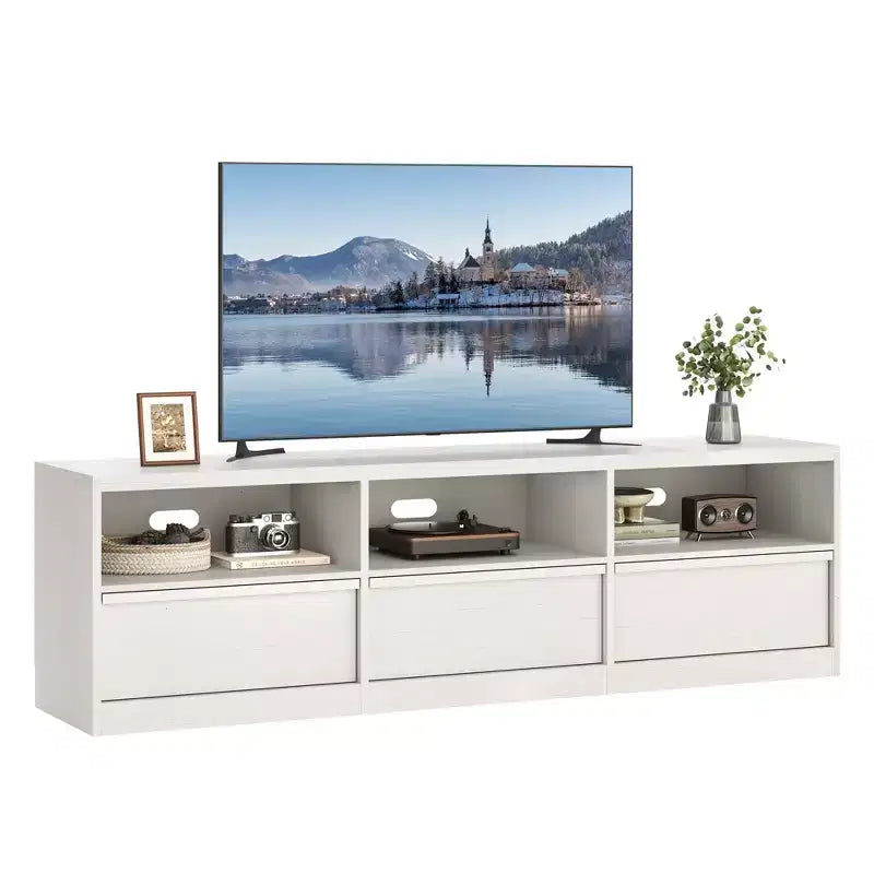 Mobile porta TV da 70", stile moderno di metà secolo, cassetto e ripiani aperti, adatto a TV fino a 80"