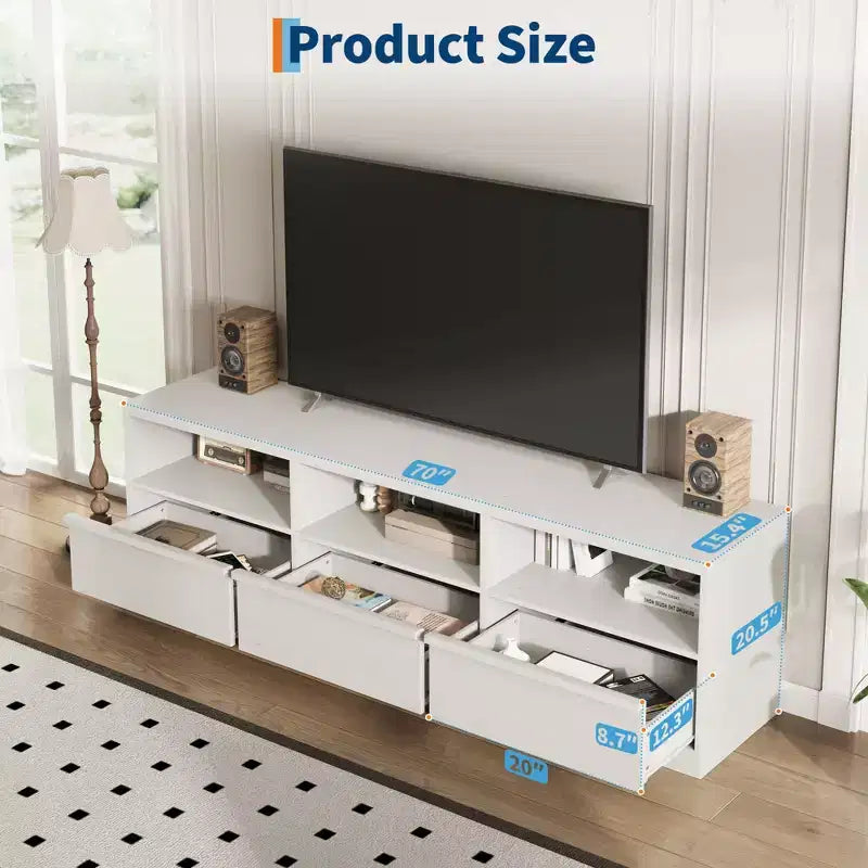 Mobile porta TV da 70", stile moderno di metà secolo, cassetto e ripiani aperti, adatto a TV fino a 80"