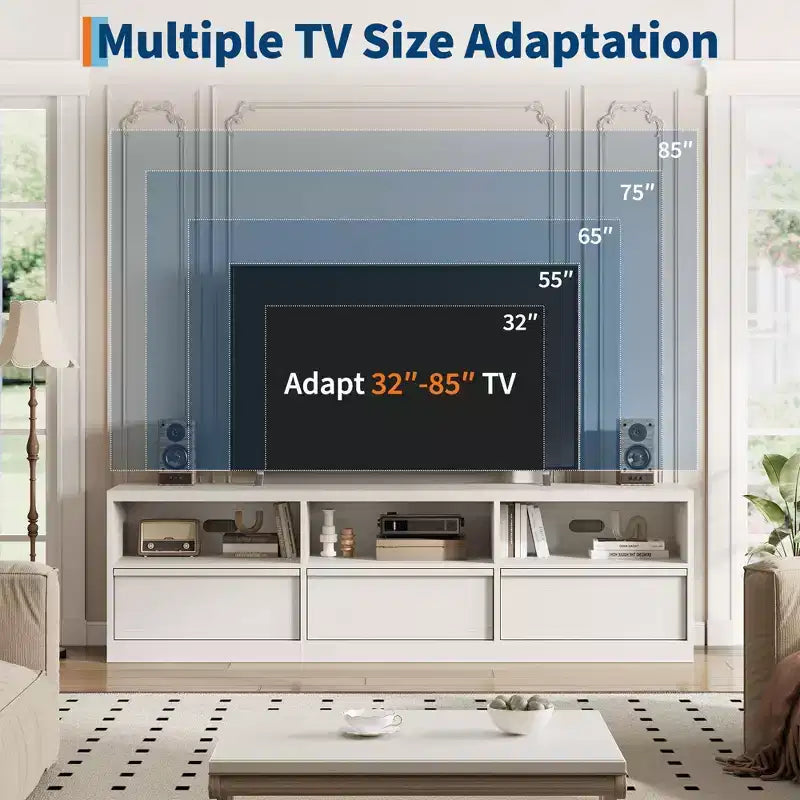 Mobile porta TV da 70", stile moderno di metà secolo, cassetto e ripiani aperti, adatto a TV fino a 80"