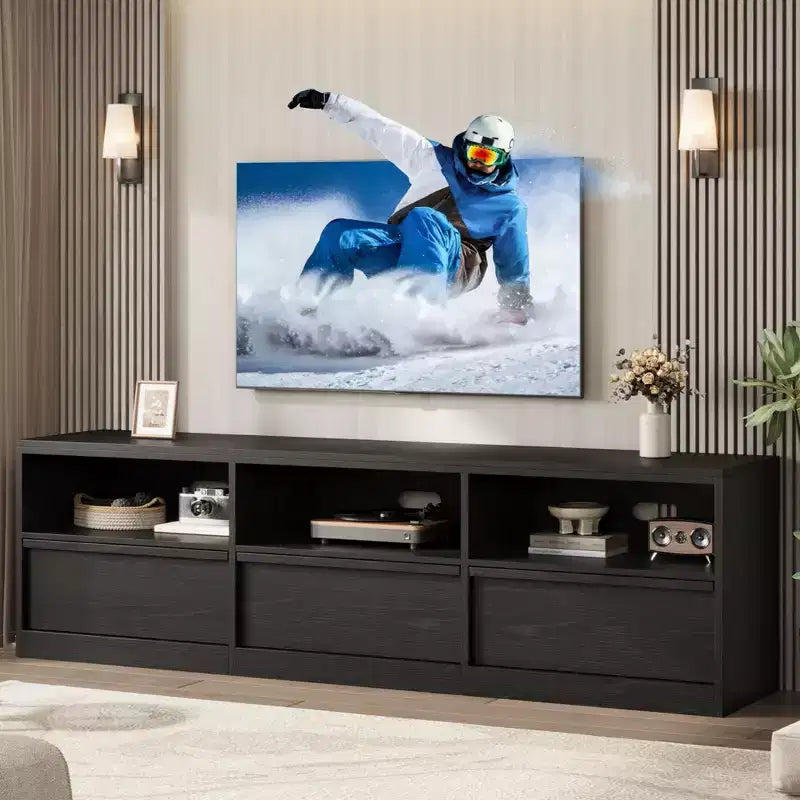 Mobile porta TV da 70", stile moderno di metà secolo, cassetto e ripiani aperti, adatto a TV fino a 80"