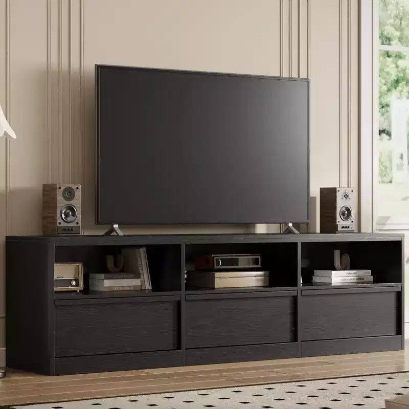 Mobile porta TV da 70", stile moderno di metà secolo, cassetto e ripiani aperti, adatto a TV fino a 80"