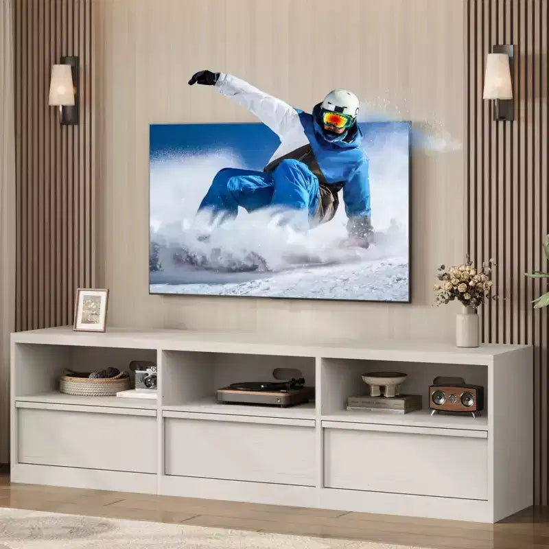 Mobile porta TV da 70", stile moderno di metà secolo, cassetto e ripiani aperti, adatto a TV fino a 80"