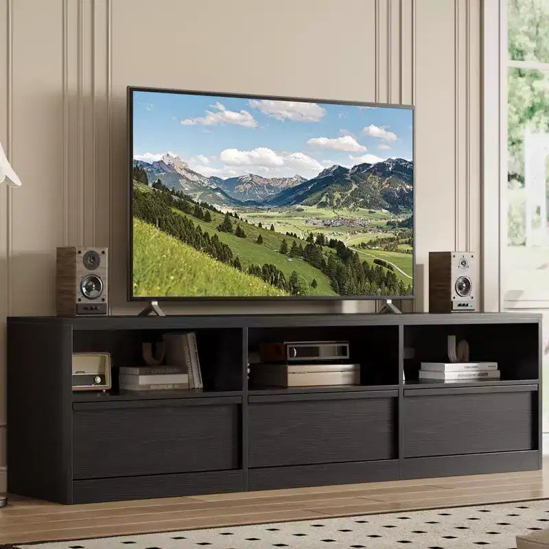 Mobile porta TV da 70", stile moderno di metà secolo, cassetto e ripiani aperti, adatto a TV fino a 80"