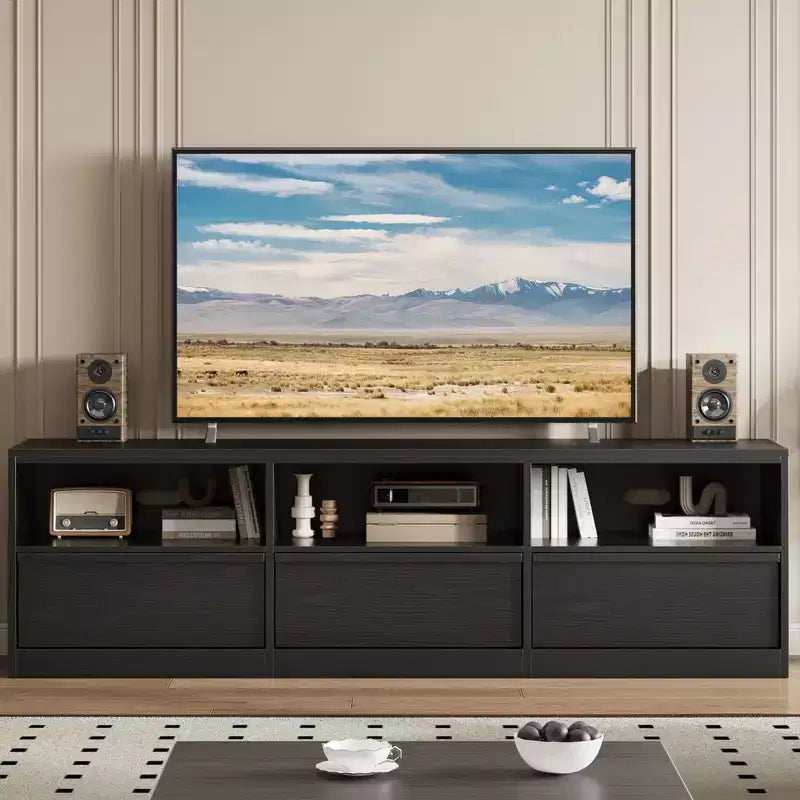 Mobile porta TV da 70", stile moderno di metà secolo, cassetto e ripiani aperti, adatto a TV fino a 80"