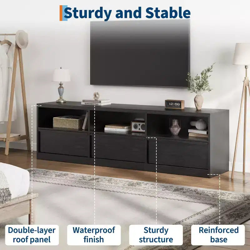 Mobile porta TV da 70", stile moderno di metà secolo, cassetto e ripiani aperti, adatto a TV fino a 80"