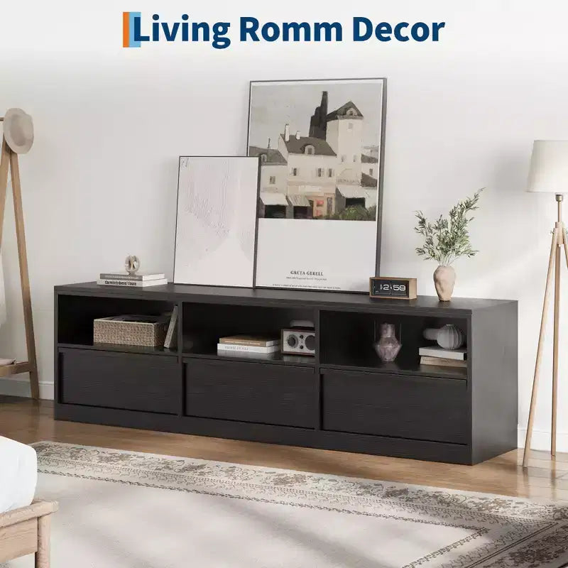 Mobile porta TV da 70", stile moderno di metà secolo, cassetto e ripiani aperti, adatto a TV fino a 80"