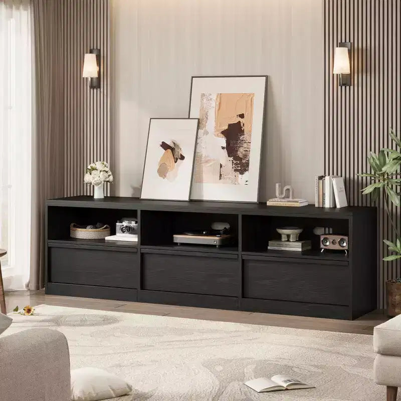 Mobile porta TV da 70", stile moderno di metà secolo, cassetto e ripiani aperti, adatto a TV fino a 80"