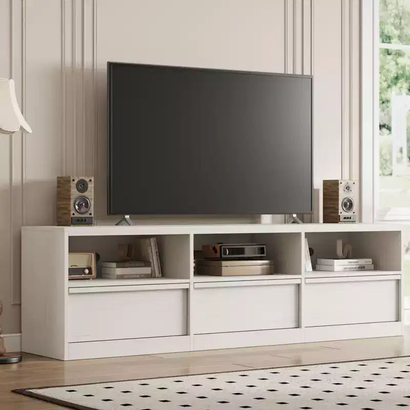 Mobile porta TV da 70", stile moderno di metà secolo, cassetto e ripiani aperti, adatto a TV fino a 80"