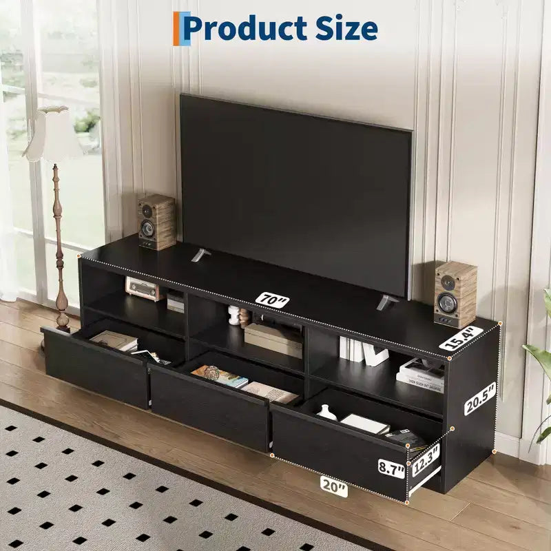 Mobile porta TV da 70", stile moderno di metà secolo, cassetto e ripiani aperti, adatto a TV fino a 80"