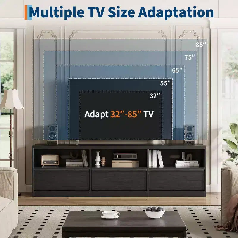 Mobile porta TV da 70", stile moderno di metà secolo, cassetto e ripiani aperti, adatto a TV fino a 80"