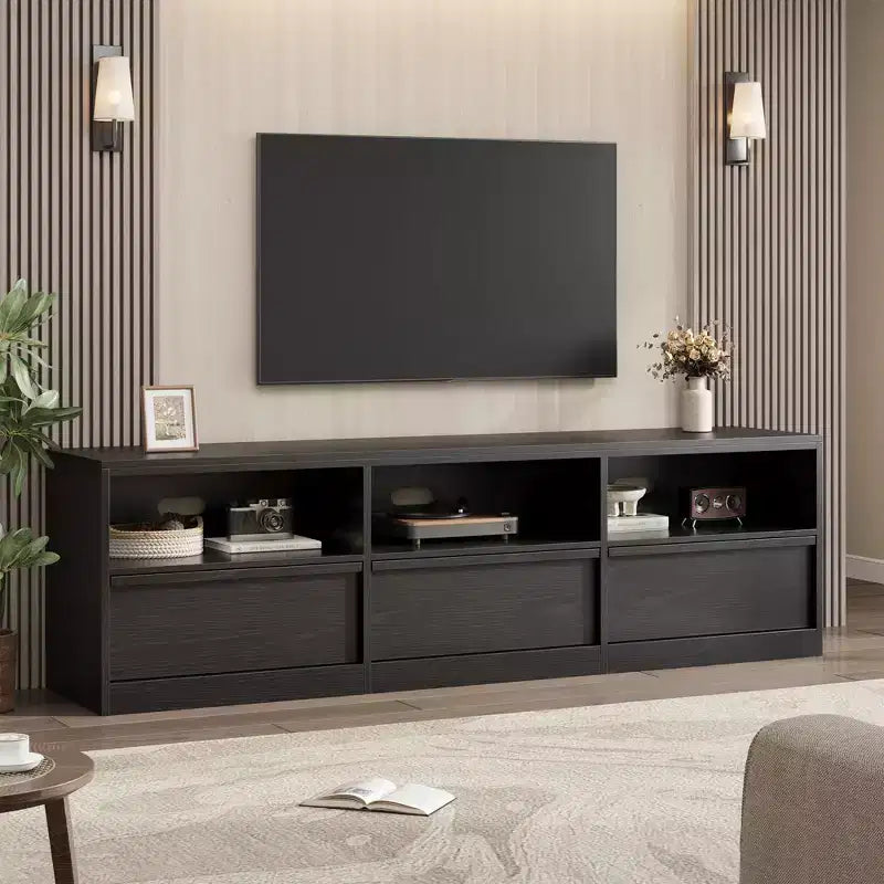 Mobile porta TV da 70", stile moderno di metà secolo, cassetto e ripiani aperti, adatto a TV fino a 80"