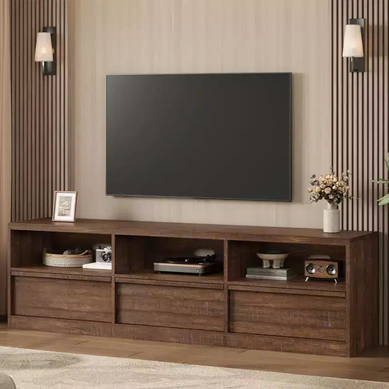 Mobile porta TV da 70", stile moderno di metà secolo, cassetto e ripiani aperti, adatto a TV fino a 80"