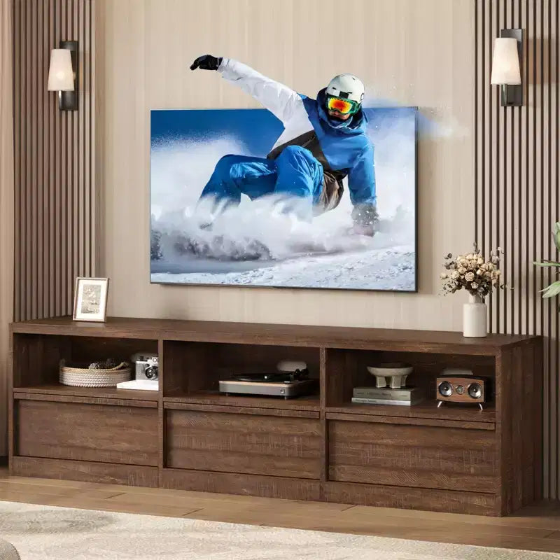 Mobile porta TV da 70", stile moderno di metà secolo, cassetto e ripiani aperti, adatto a TV fino a 80"