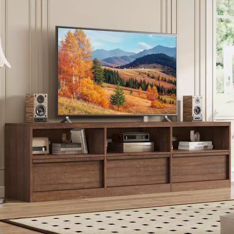 Mobile porta TV da 70", stile moderno di metà secolo, cassetto e ripiani aperti, adatto a TV fino a 80"