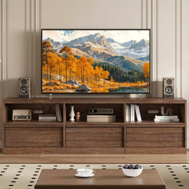 Mobile porta TV da 70", stile moderno di metà secolo, cassetto e ripiani aperti, adatto a TV fino a 80"
