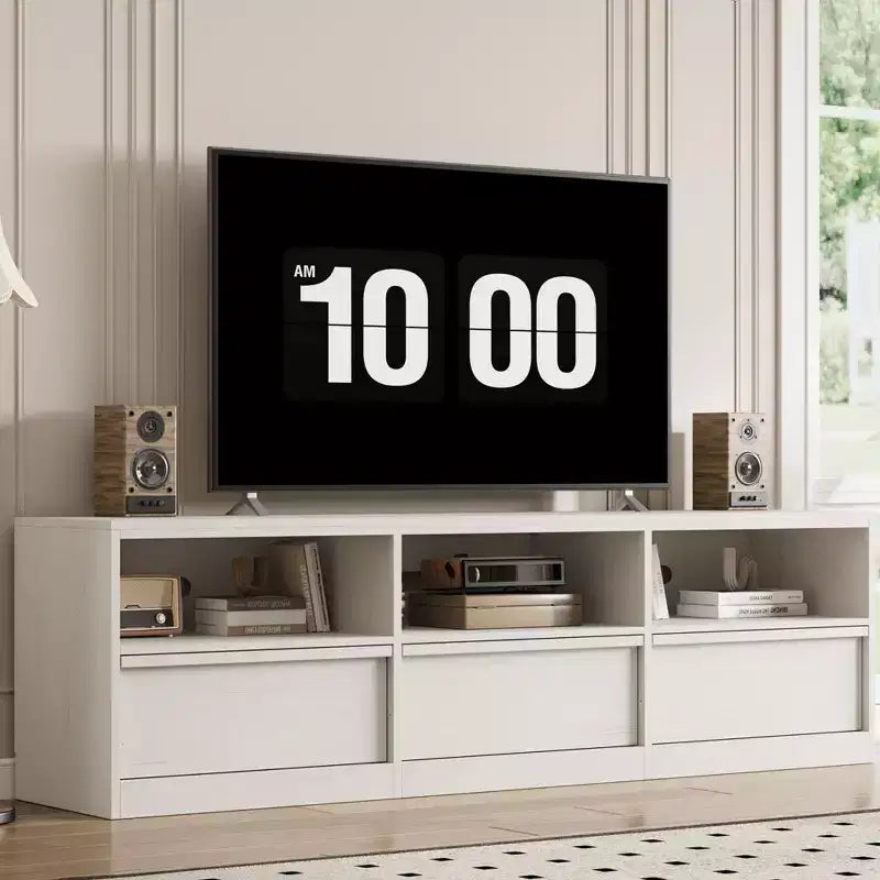 Mobile porta TV da 70", stile moderno di metà secolo, cassetto e ripiani aperti, adatto a TV fino a 80"