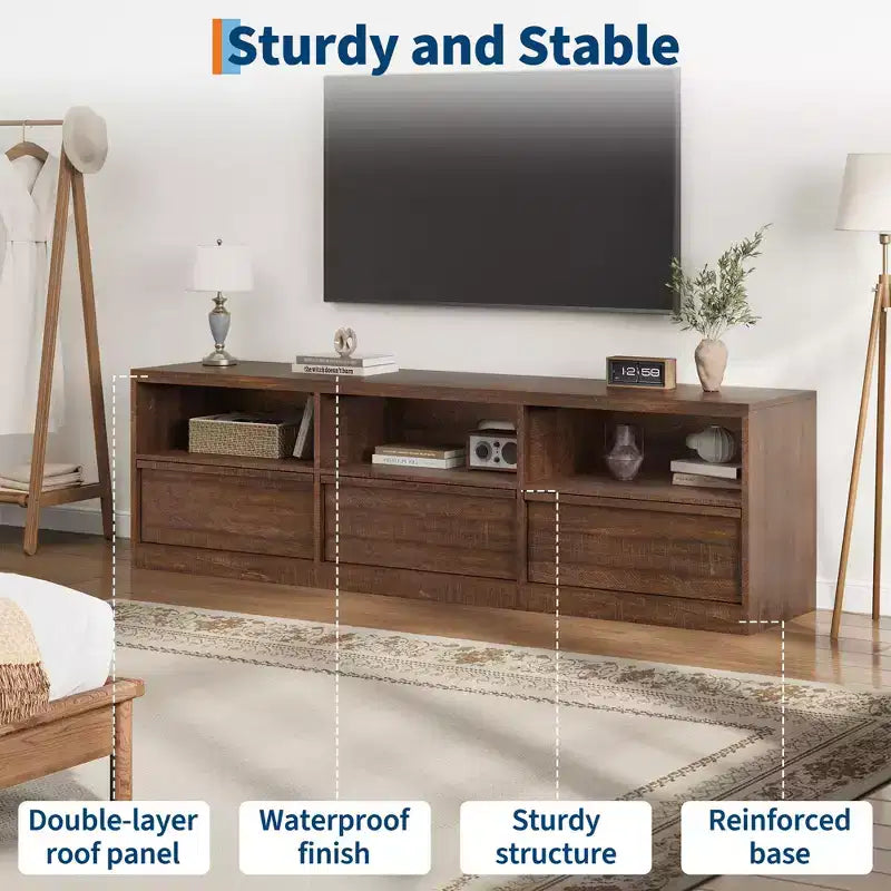 Mobile porta TV da 70", stile moderno di metà secolo, cassetto e ripiani aperti, adatto a TV fino a 80"