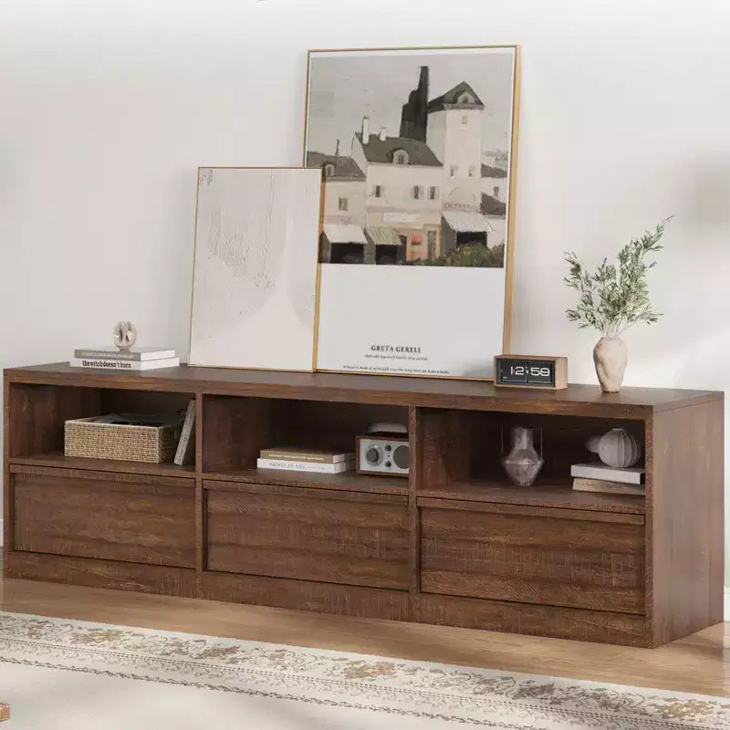 Mobile porta TV da 70", stile moderno di metà secolo, cassetto e ripiani aperti, adatto a TV fino a 80"