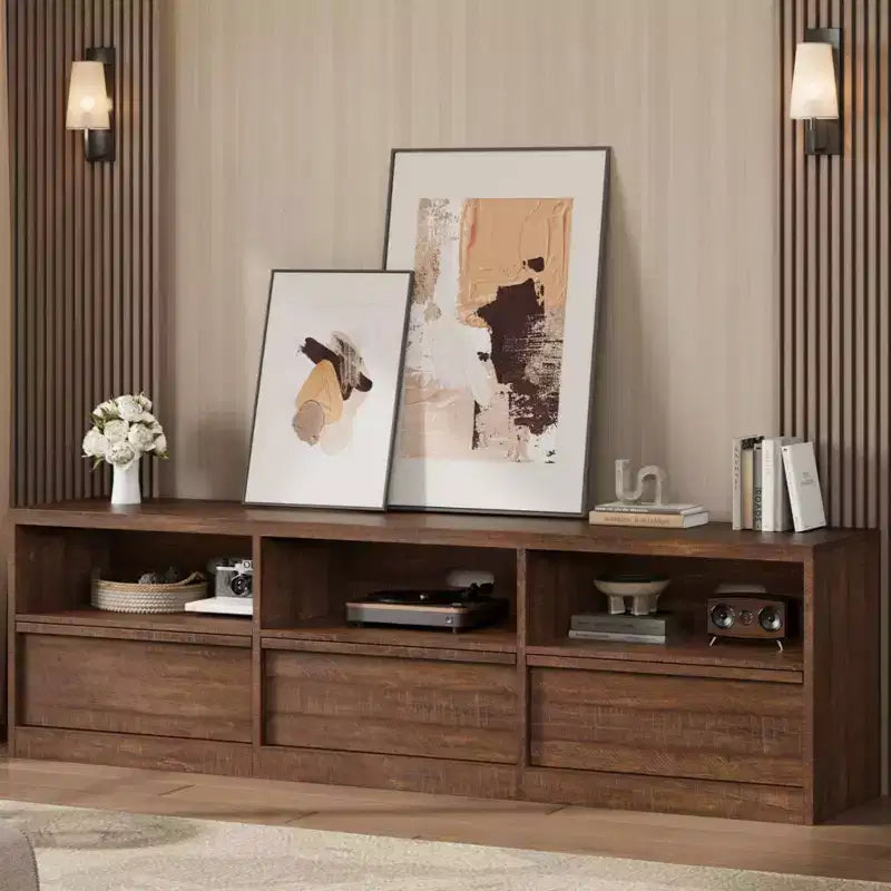 Mobile porta TV da 70", stile moderno di metà secolo, cassetto e ripiani aperti, adatto a TV fino a 80"