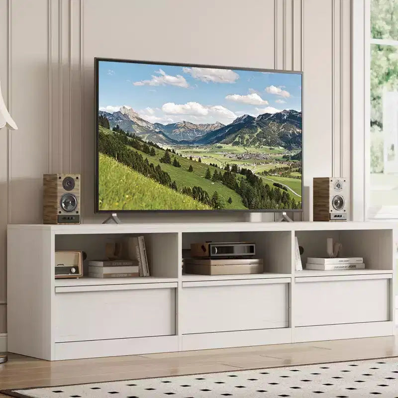 Mobile porta TV da 70", stile moderno di metà secolo, cassetto e ripiani aperti, adatto a TV fino a 80"
