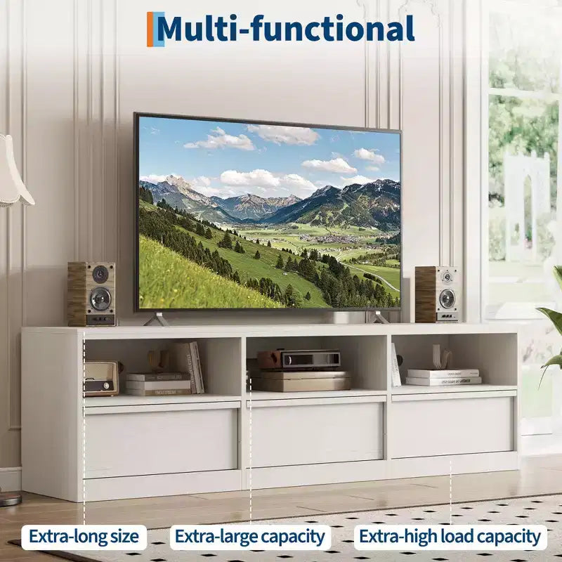 Mobile porta TV da 70", stile moderno di metà secolo, cassetto e ripiani aperti, adatto a TV fino a 80"