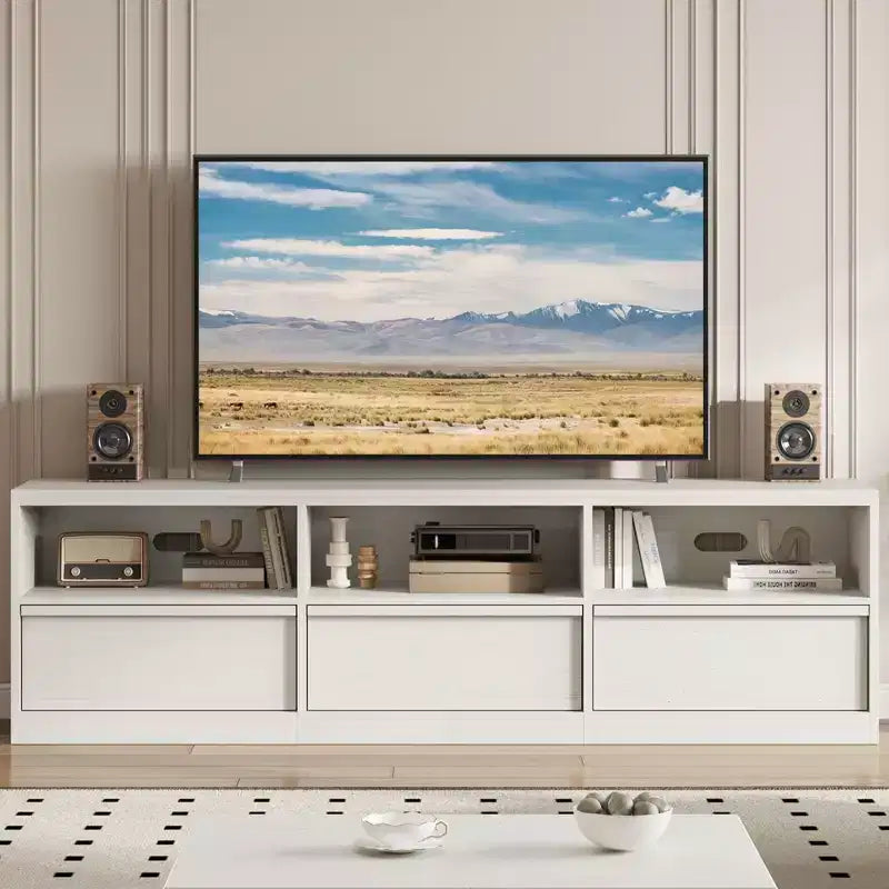 Mobile porta TV da 70", stile moderno di metà secolo, cassetto e ripiani aperti, adatto a TV fino a 80"